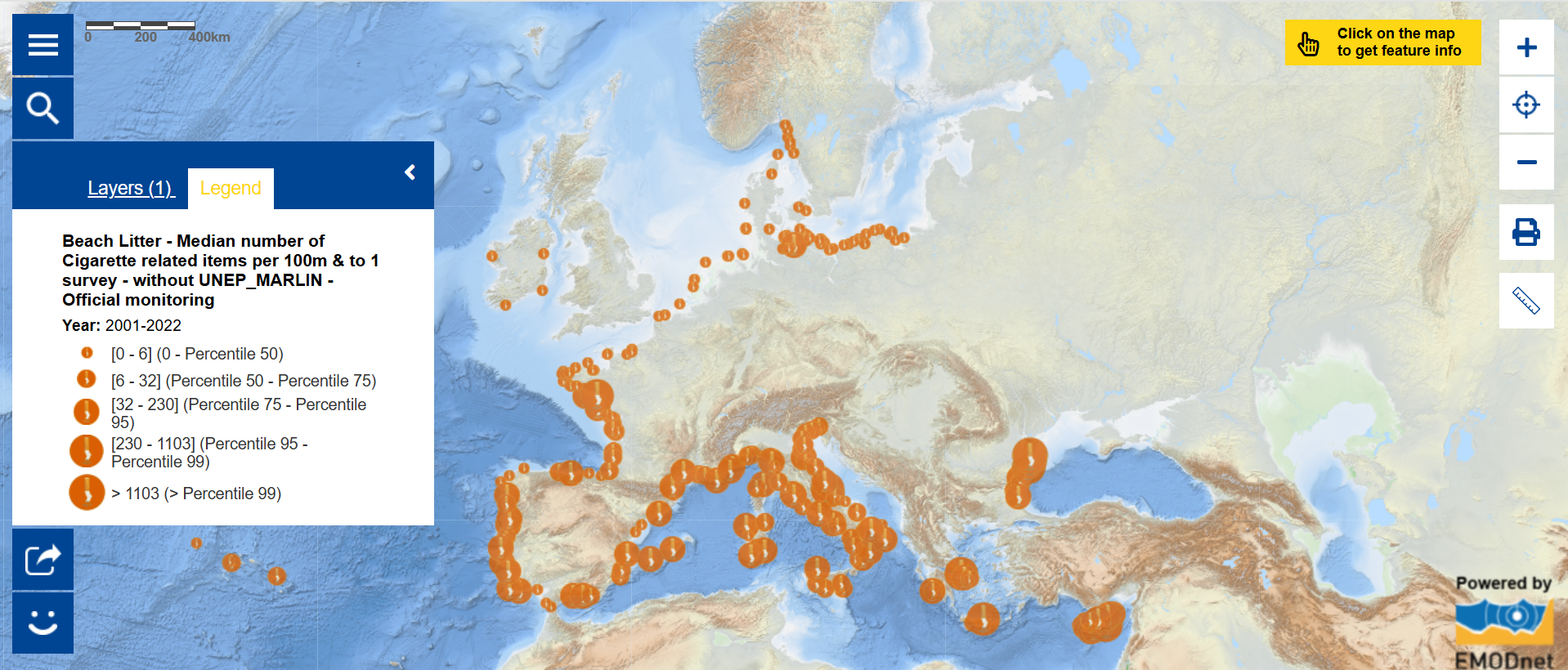 Data collected shows high concentrations of cigarette litter hotspots along the Mediterranean coastlines. The Atlantic coastlines of France and parts of Portugal also show notable litter presence. Significantly less litter is observed in northern regions. Only Marine Strategy Framework Directive (MSFD) monitoring surveys without UNEP-MARLIN data are included in this analysis. The UNEP MARLIN surveys follow a specific protocol applied on the shores of the Central Baltic area.