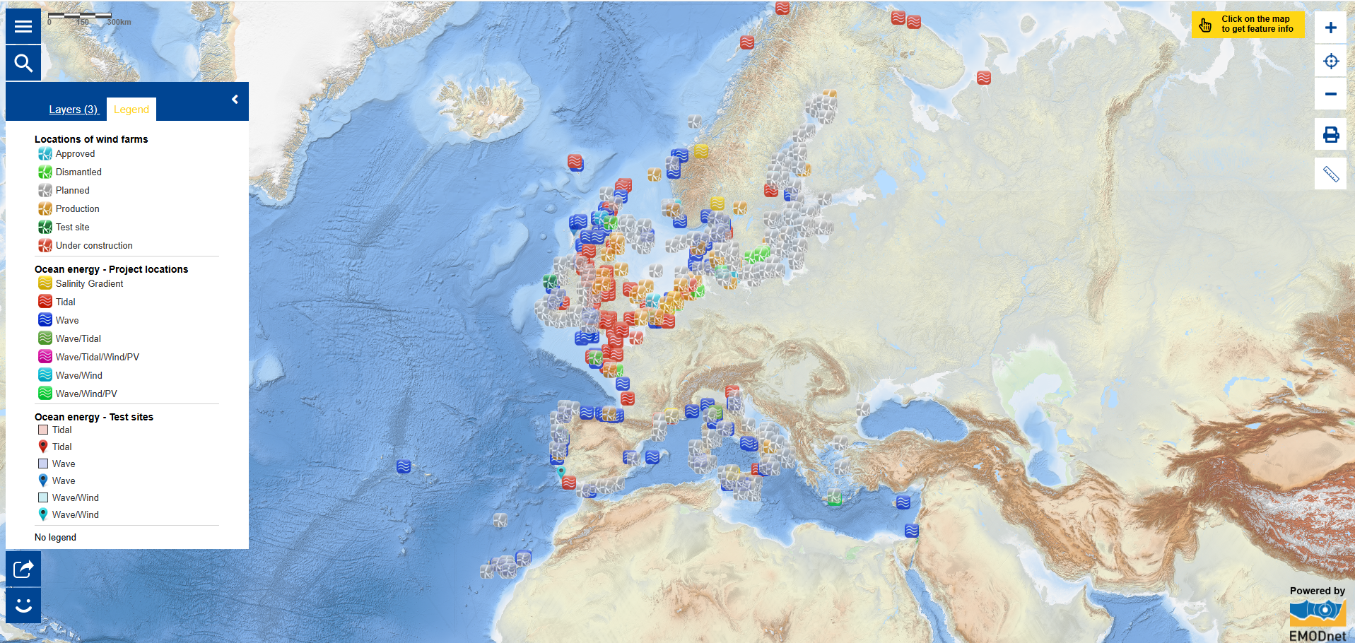 The renewable energy sites are distributed along the coastal regions of Europe, with particularly high concentrations in the North Sea, where offshore wind farms and ocean energy projects are densely clustered around the coasts of the United Kingdom, Germany, Denmark, and the Netherlands. The Baltic Sea also features numerous wind farms and ocean energy sites. Along the Atlantic coast, a significant number of projects can be observed, notably off the shores of France, Spain, and Portugal, where wave and tidal energy initiatives are prominent. Additionally, smaller but notable clusters appear in the Mediterranean, particularly near Italy and Greece. 