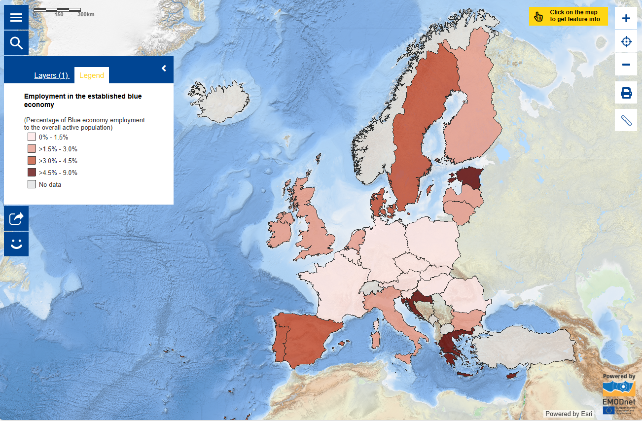 Percentage of blue economy employment to the overall active population in the European Union is highest in Greece, Croatia and Estonia.