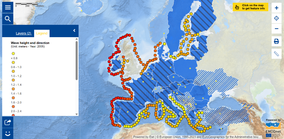 This map shows the average wave direction and height (in meters) in 2005. Wave height varies from smaller than 0.8 meters to larger than 3.3 meters. Regions exposed to the Atlantic Ocean show higher average wave heights than regions protected by landmasses.