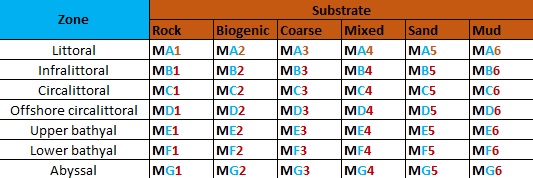 EUNIS level 2 marine benthic habitat descriptors (biological zone and substrate) and corresponding codes.