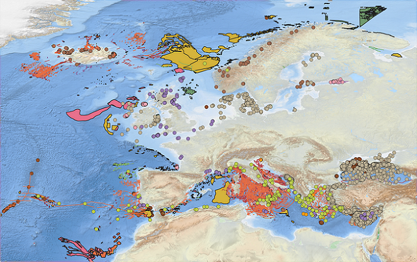 Updated Geological events layers - DTM from EMODnet Bathymetry / data from EMODnet Geology Work Package 6 Geological events and probabilities