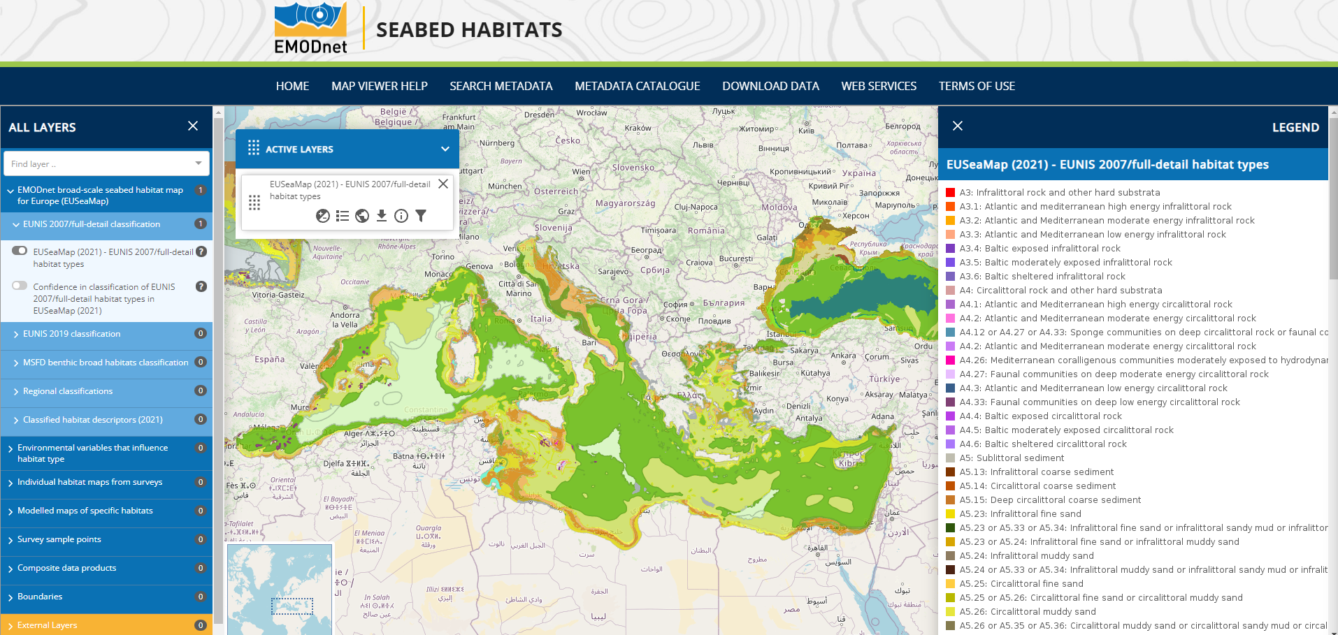 EUSeaMap 2021 in EUNIS 2007 – Mediterranean