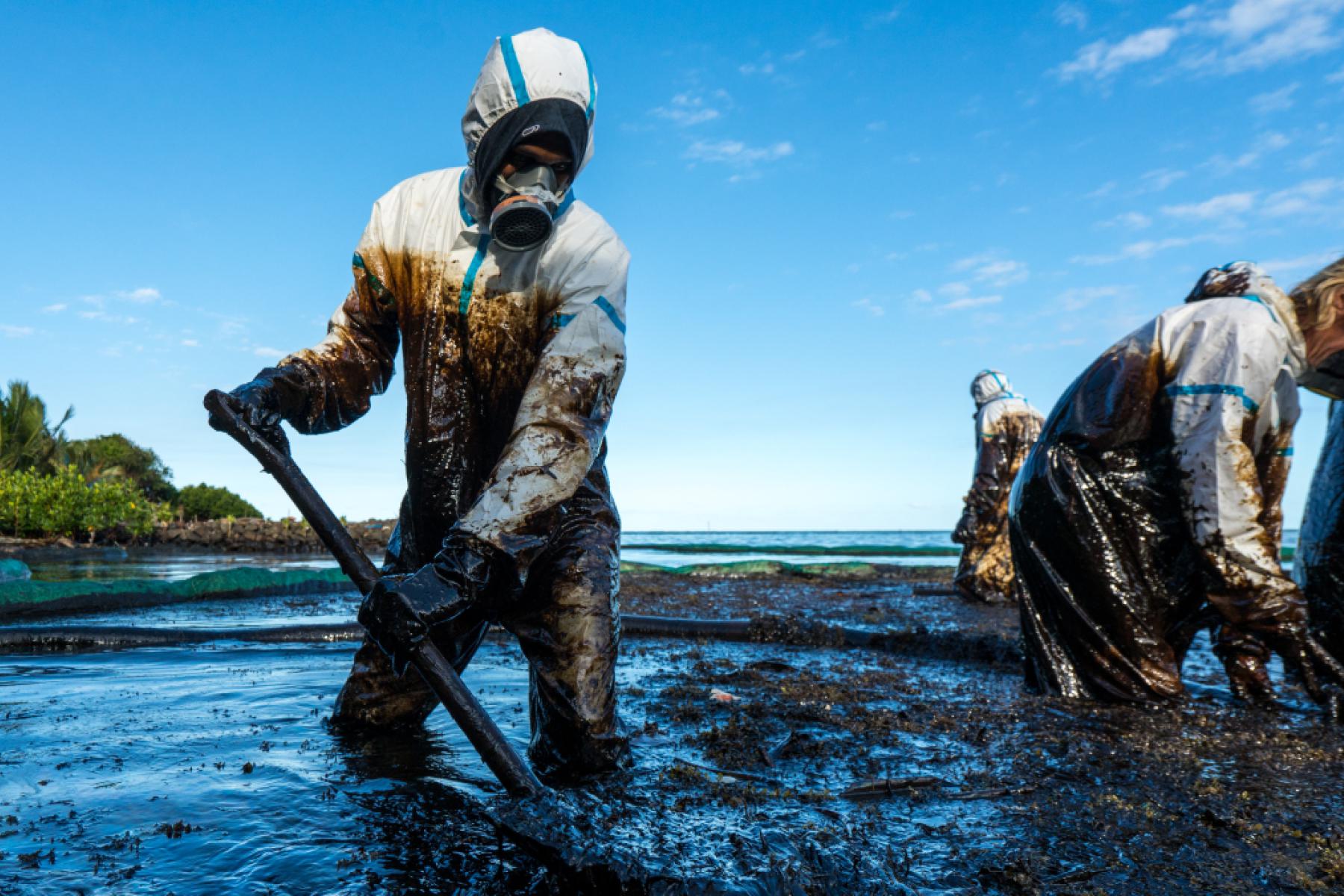 Volunteers clean oil spill, which is just one of numerous causes of marine pollution.