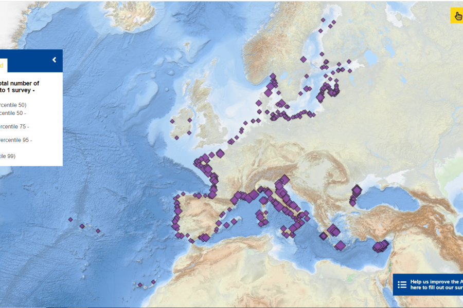 This map shows the total abundance (number of items) of marine litter per beach per year from Marine Strategy Framework Directive (MSFD) monitoring. Median total number of litter items per 100m & to 1 survey vary from the smallest category (0.0 - 183.4) to the largest category (> 4583.0).