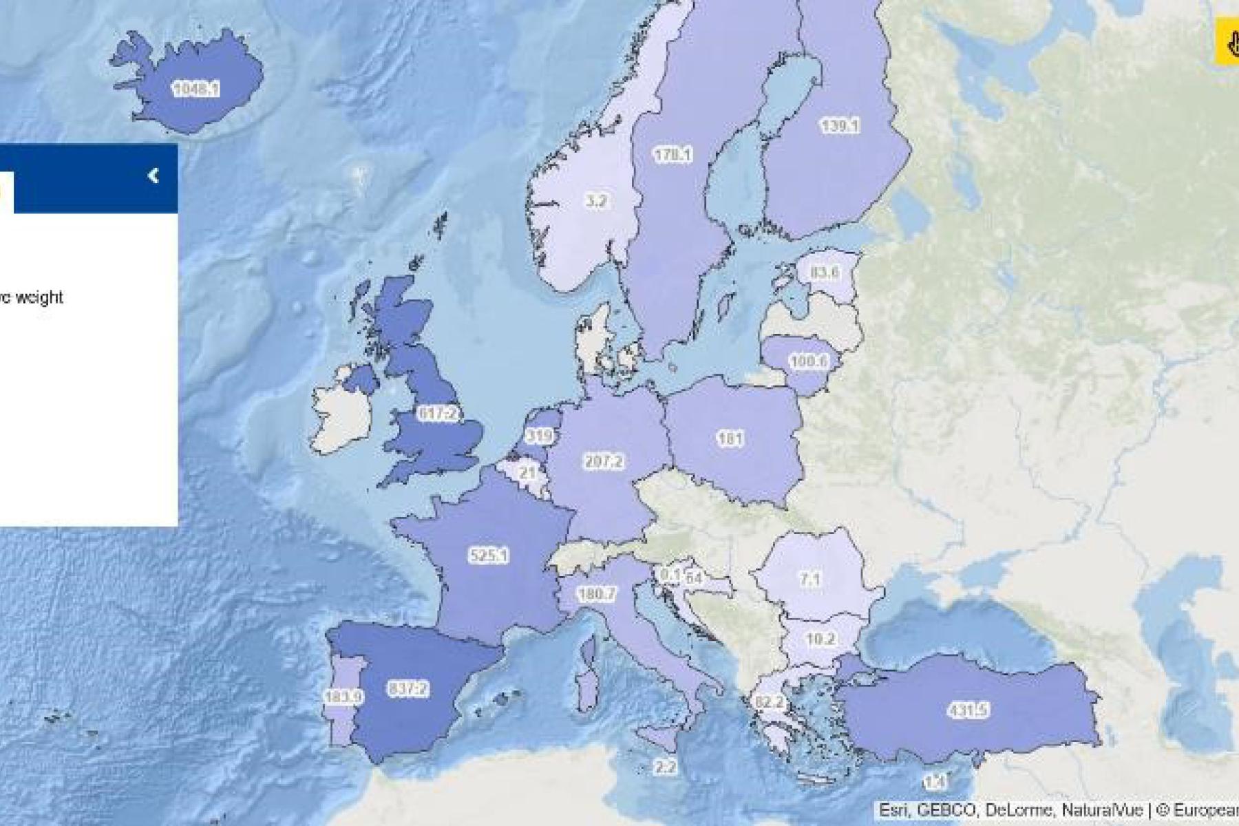 This map shows the total annual catch of fishery products by Member States of the European Union and some other major fishing nations, such as the United Kingdom, Norway, Iceland and Turkey. 