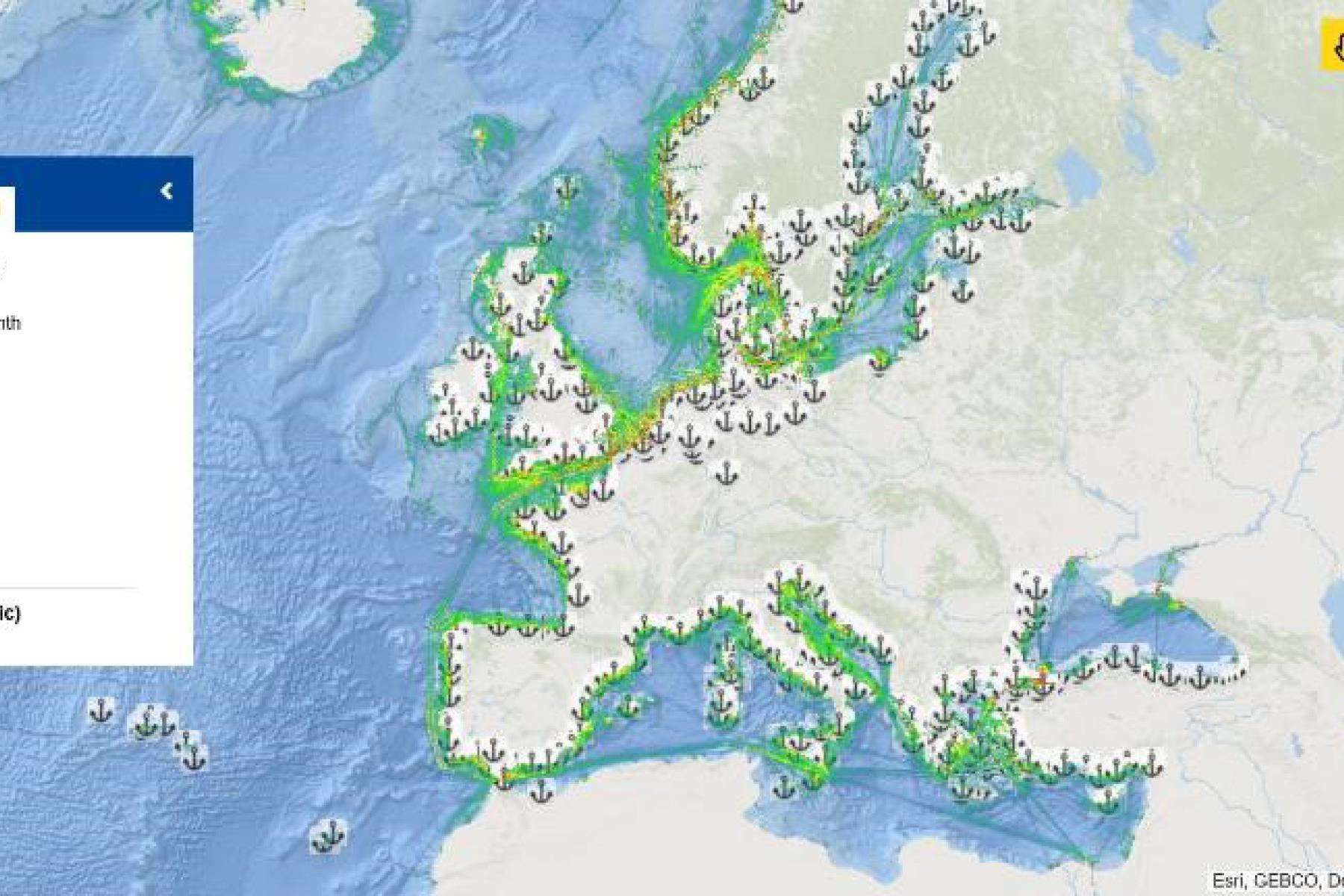 This map shows the main ports in Europe and the maritime traffic on the European seas in 2021.