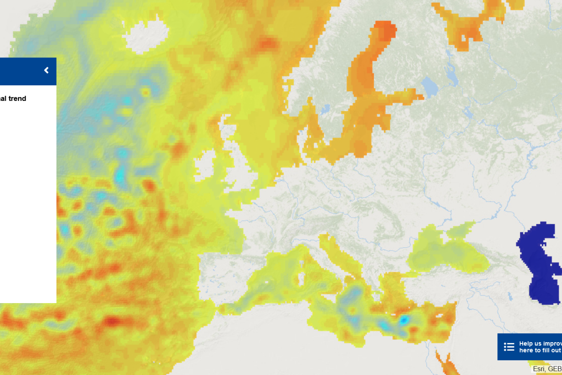 The map shows the spatial distribution of sea level trends since 1993.