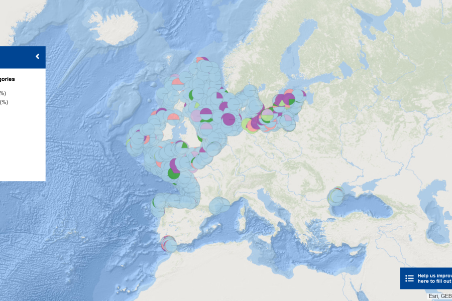 This map on seabed litter shows the percentage of litter divided into several categories (glass, textile, metal, polymer, etc.).