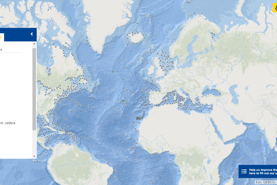 This map shows the location and morphology of the submarine volcanoes in the European marine region, and the names of global undersea reliefs.