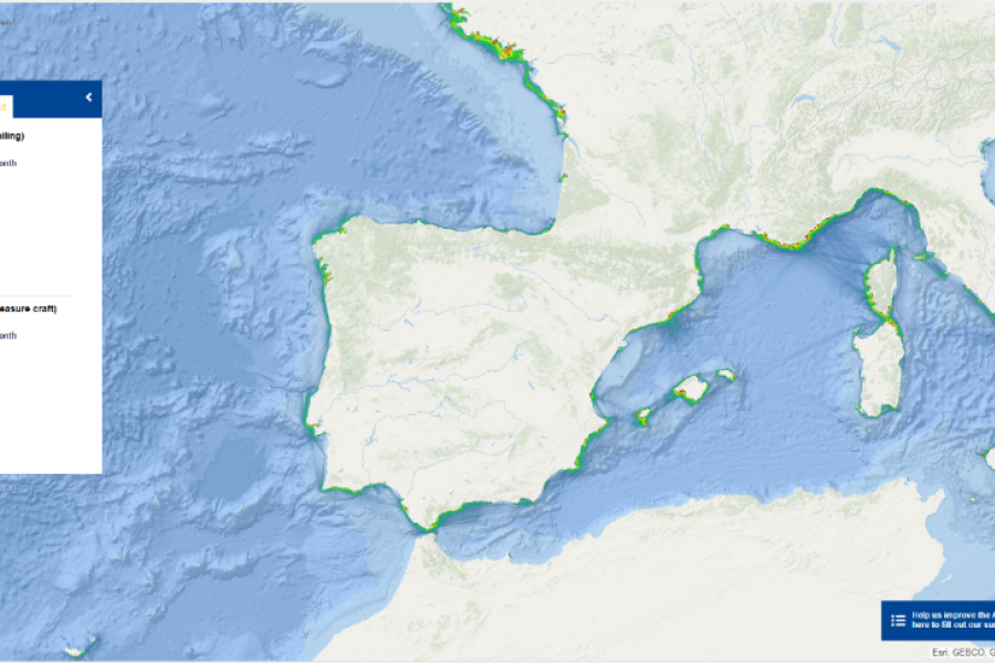 This map shows the maritime traffic on the European seas for sailing and pleasure craft.