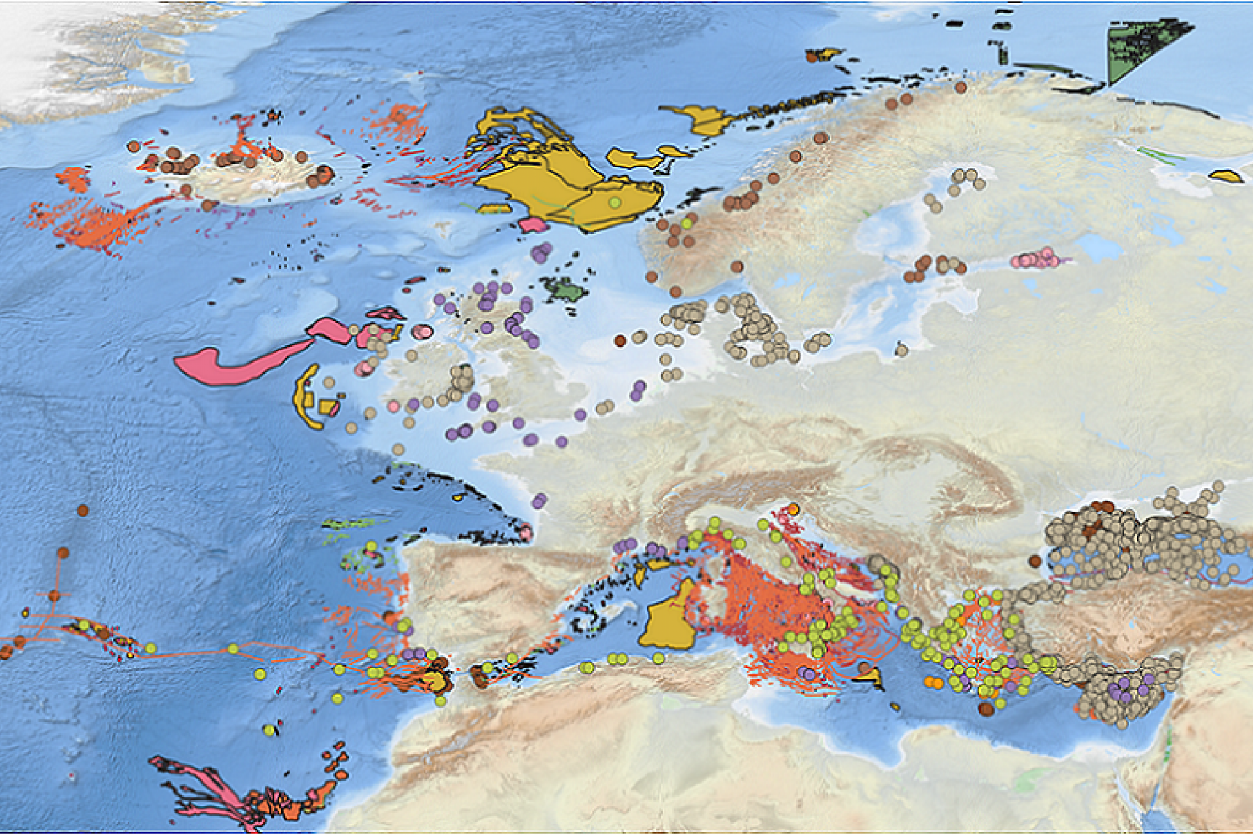 Updated Geological events layers - DTM from EMODnet Bathymetry / data from EMODnet Geology Work Package 6 Geological events and probabilities. ©EMODnet