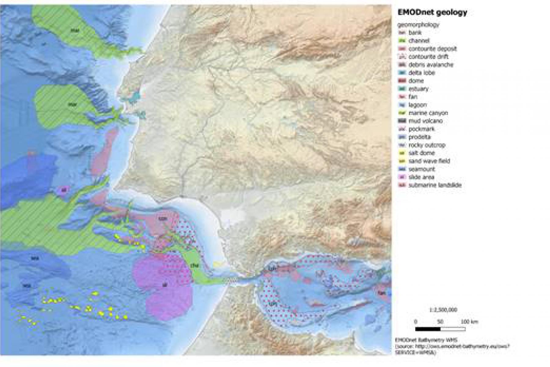EMODnet Geology map section west and east of Gibraltar. ©EMODnet
