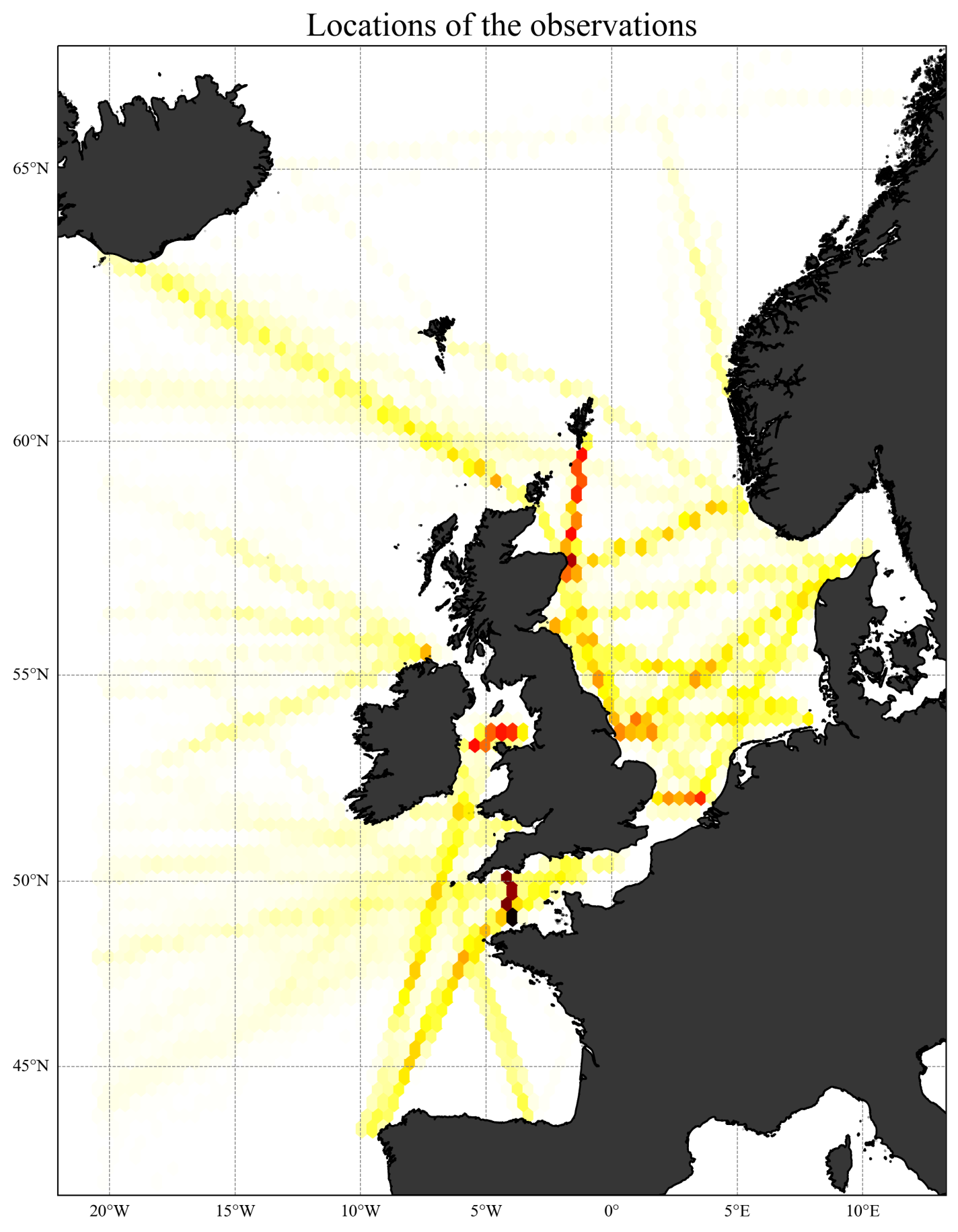 Hexbin maps showing the density of the observations of Calanus. 