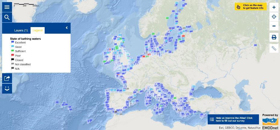 This map gives an overview of the bathing water quality along the European coasts.