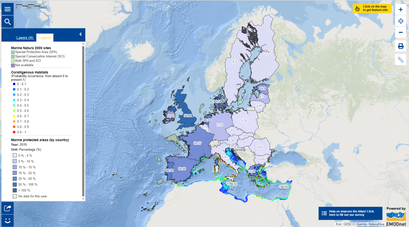 Map of the Week – Biodiversity This predefined map composed of three overlapping map layers—Marine Natura 2000 sites, Marine Protected Areas and Coralligenous Habitats— provides information relating to biodiversity.