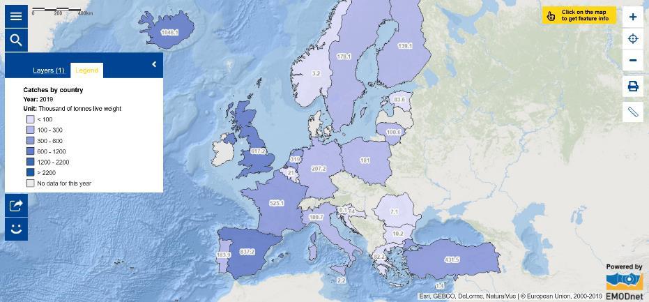 This map shows the total annual catch of fishery products by Member States of the European Union and some other major fishing nations, such as the United Kingdom, Norway, Iceland and Turkey. 