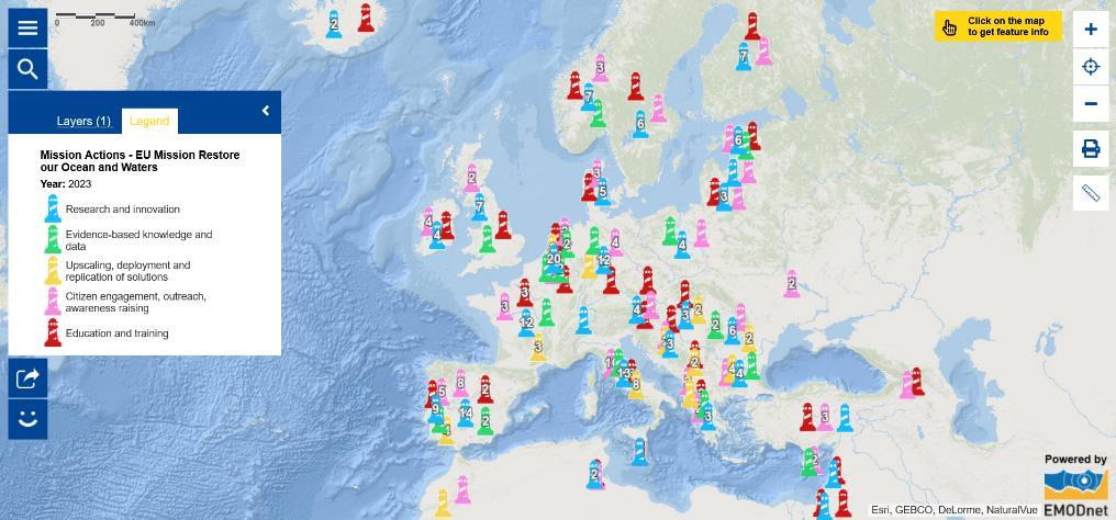  This map shows the Mission actions submitted by stakeholders across Europe to achieve the three objectives of the Mission “Restore our Ocean and Waters by 2030”.