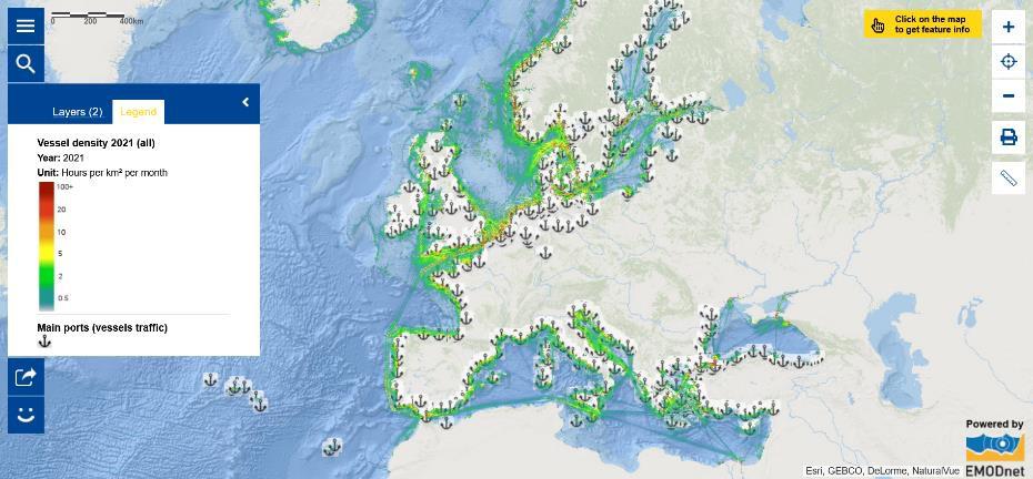 This map shows the main ports in Europe and the maritime traffic on the European seas in 2021.