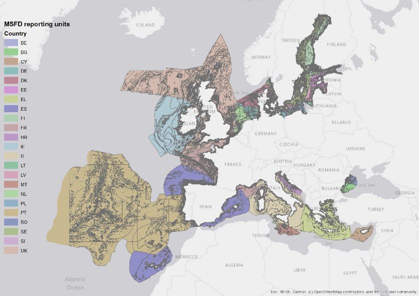 Marine areas assessed for reporting on MSFD Descriptor 6 (Seafloor integrity). ©EMODnet