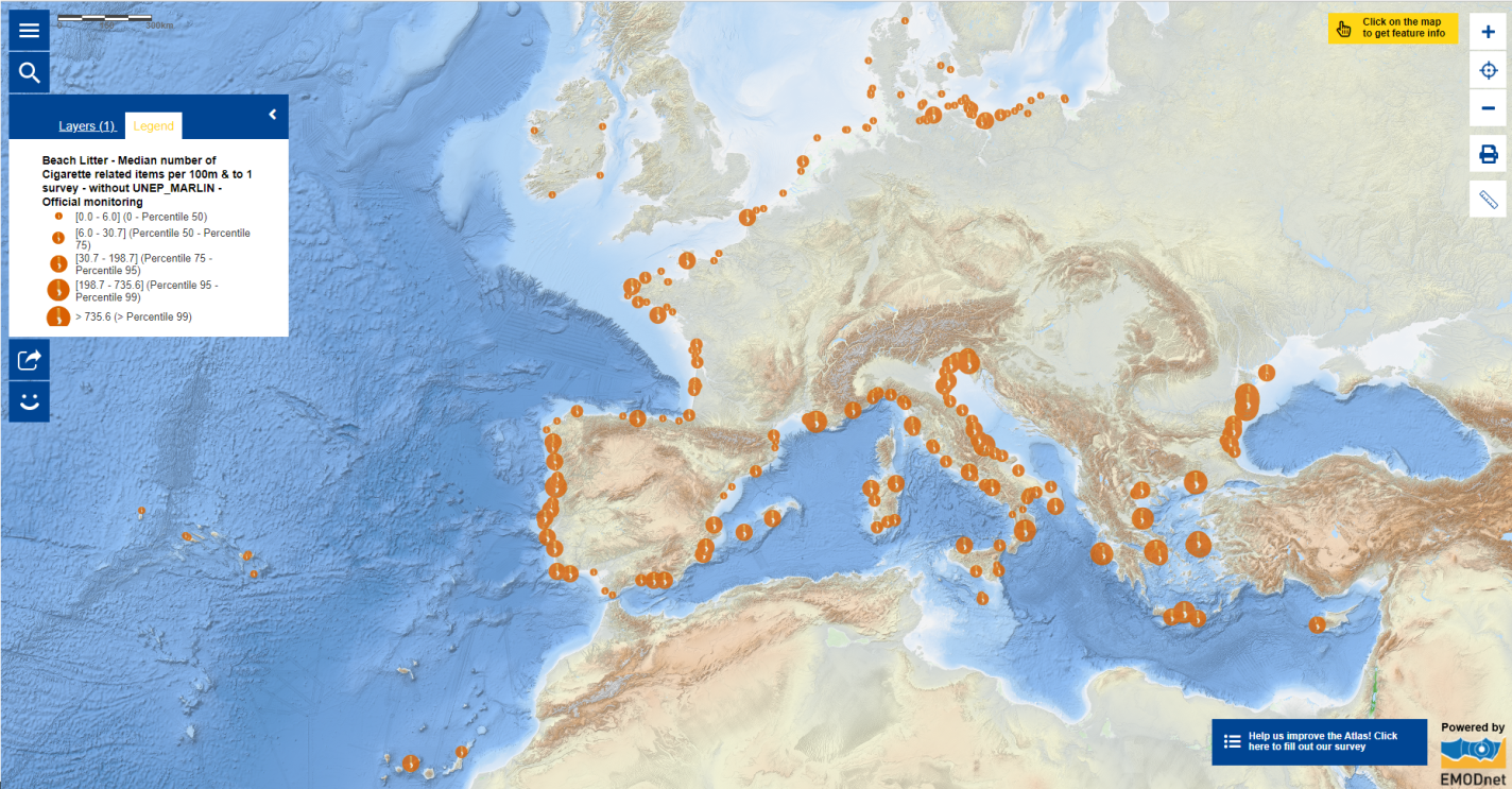 This map shows the median number of cigarette related litter items per beach per year along 100 metre segments of the European beaches. 