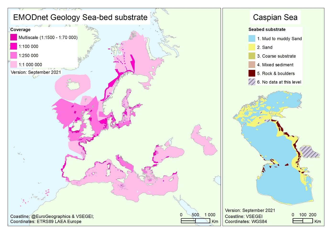 The coverage of the EMODnet Seabed substrate data products has expanded to new sea areas and the broad scale data product (1: 1 000 000/5 000 000) now includes the Caspian Sea. EMODnet Geology. Map of the EMODnet Seabed substrate data product.