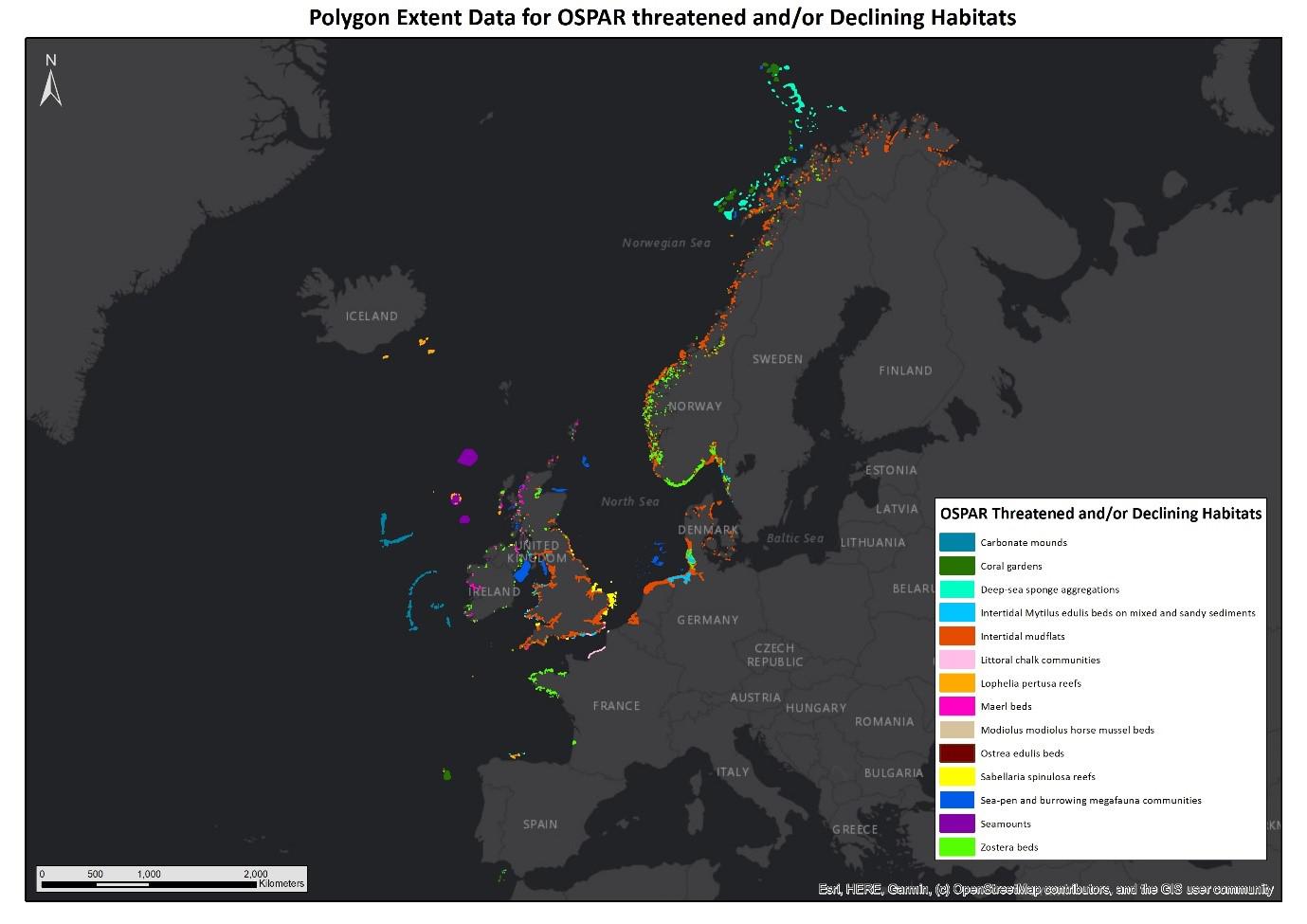 Areal extent data for OSPAR Threatened and/or Declining Habitats. ©EMODnet