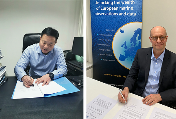 Mr. XIANG Wenxi, Deputy DG of NMDIS and Mr. Jan‐Bart CALEWAERT, Head of the EMODnet Secretariat signing the MoU Signing of the MoU