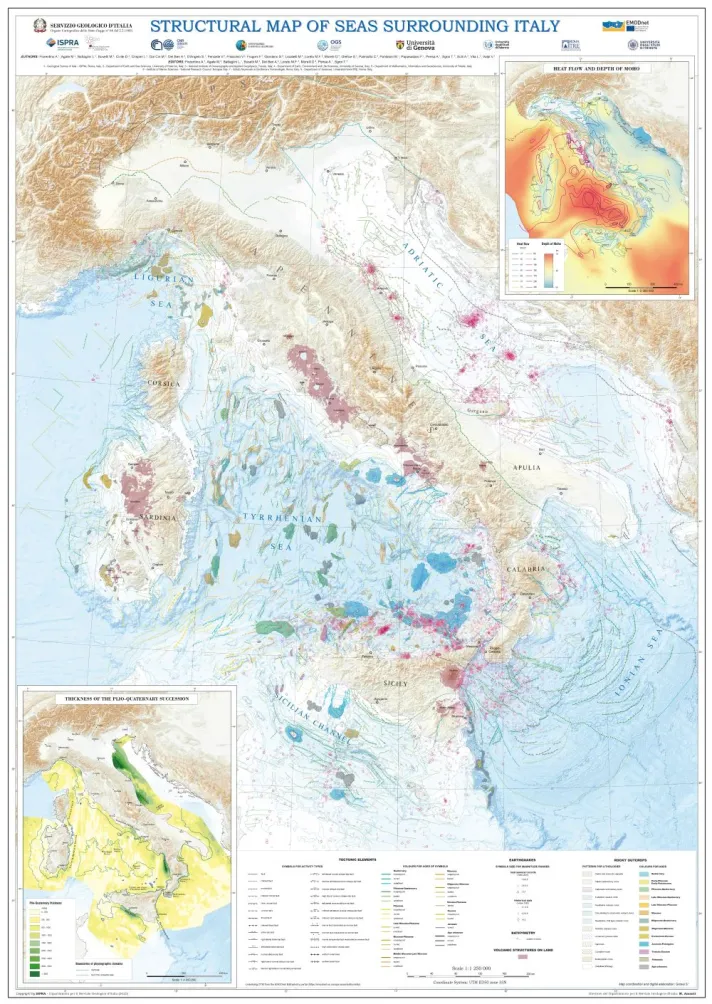 Structural map of seas surrounding Italy depicting information on the types of tectonic deformations, earthquakes location and magnitude, distribution and lithology of submarine volcanic structures and rocky outcrops