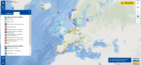 This map shows macroalgae and microalgae producing facilities across Europe.