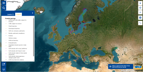 This map shows the geological patterns of the European coastline. The data show different types of shoreline and coastline formations, including, for example, rocks / hard cliffs, small beaches and estuaries. 