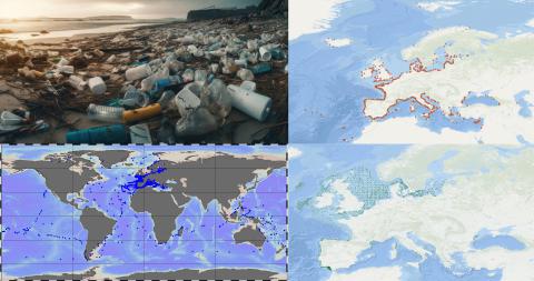Data collections for floating micro-litter, seafloor litter and beach litter (Image by stockgiu on Freep!k (top left) Other three images: EMODnet Chemistry) 