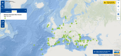 This map shows schools within the Network of European Blue Schools, one of the three communities of the EU4Ocean Coalition with the Youth4Ocean Forum and the EU4Ocean Platform.