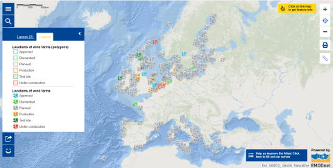 The map shows the extent, the point locations, operational status and other characteristics of offshore wind farms in European seas. 