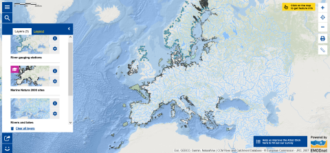 This map shows the main European rivers and lakes, river gauging stations and marine Natura 2000 sites.