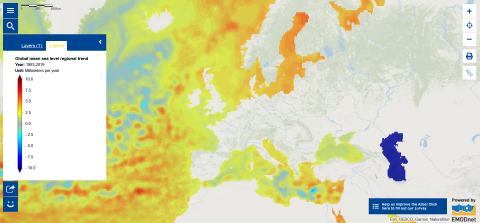 The map shows the spatial distribution of sea level trends since 1993.