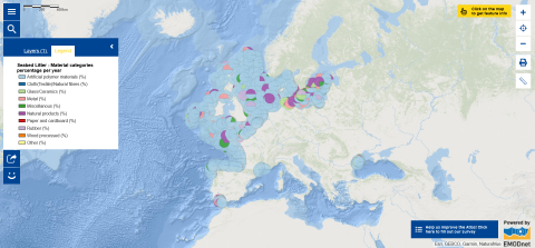 This map on seabed litter shows the percentage of litter divided into several categories (glass, textile, metal, polymer, etc.).