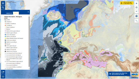 This map shows the classified biological zones for all European waters used in the European Marine Observation and Data Network (EMODnet) broad-scale seabed habitat model (EUSeaMap).