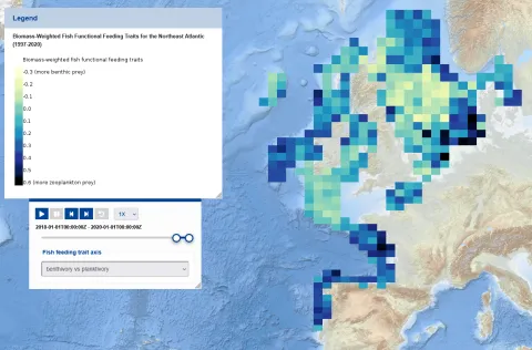 Biomass-weighted fish feeding trait values for international otter trawl survey data in 2018. light yellow vs dark blue values reveal areas of higher benthivory vs planktivory, respectively  