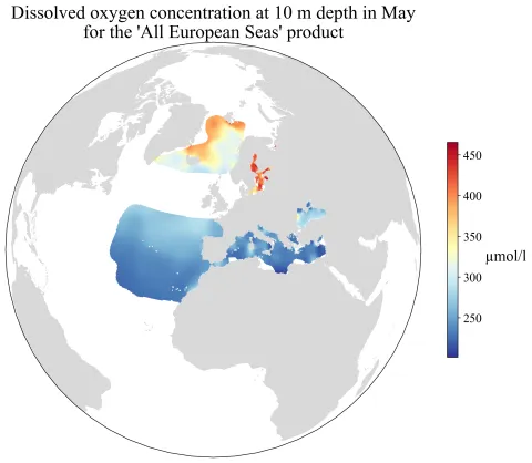  DIVA interpolated field of oxygen concentration at 10 m depth in May; the field is masked when the relative error is larger than 30%. © EMODnet Chemistry