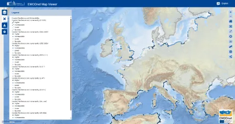 Map of Europe showing lower, intermediate and higher levels of coastal resilience/vulnerability derived from available data.