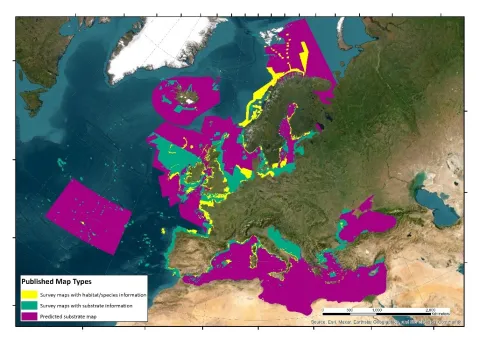 Areal extent of collated habitat maps showing (i) substrate and (ii) habitat classes with biological information.