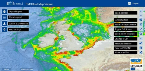 @EMODnet Secretariat : The EMODnet Vessel Density layer is visualized on the Map Viewer. A number of options to tailor the map (e.g., zoom control, changing map projection etc) are offered, and these can be used to interact with the layer.