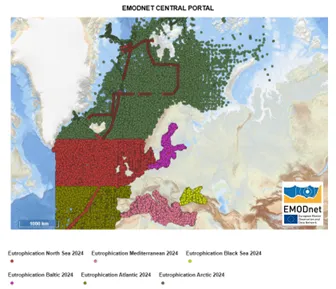 Figure 2. The new layers in the EMODnet Map Viewer showing the spatial distribution of the sampling stations included in the aggregated, harmonised and validated ocean eutrophication and acidification datasets.©EMODnet Chemistry