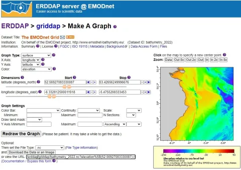 The tool that ERDDAP provides to familiarise users with the ERDDAP API. Zooming into the Bathymetry DTM, as seen in the graphic window, sets the various parameters (latitude and longitude for example) and constructs the URL.