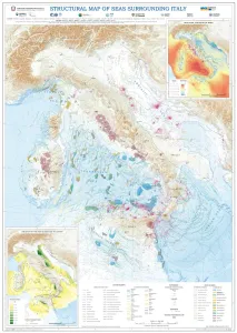 Structural map of seas surrounding Italy depicting information on the types of tectonic deformations, earthquakes location and magnitude, distribution and lithology of submarine volcanic structures and rocky outcrops