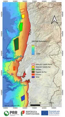 Portugal Offshore wind farms locations with EMODnet Bathymetry in the background. Credit: IPMA