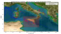 Interactive map showing the filtered geospatial data within the selected Region of Interest (ROI), including overlaid datasets for submarine cable routes, offshore wind farm locations, and coastline data. © Osman Onur AKIRMAK. All rights reserved.
