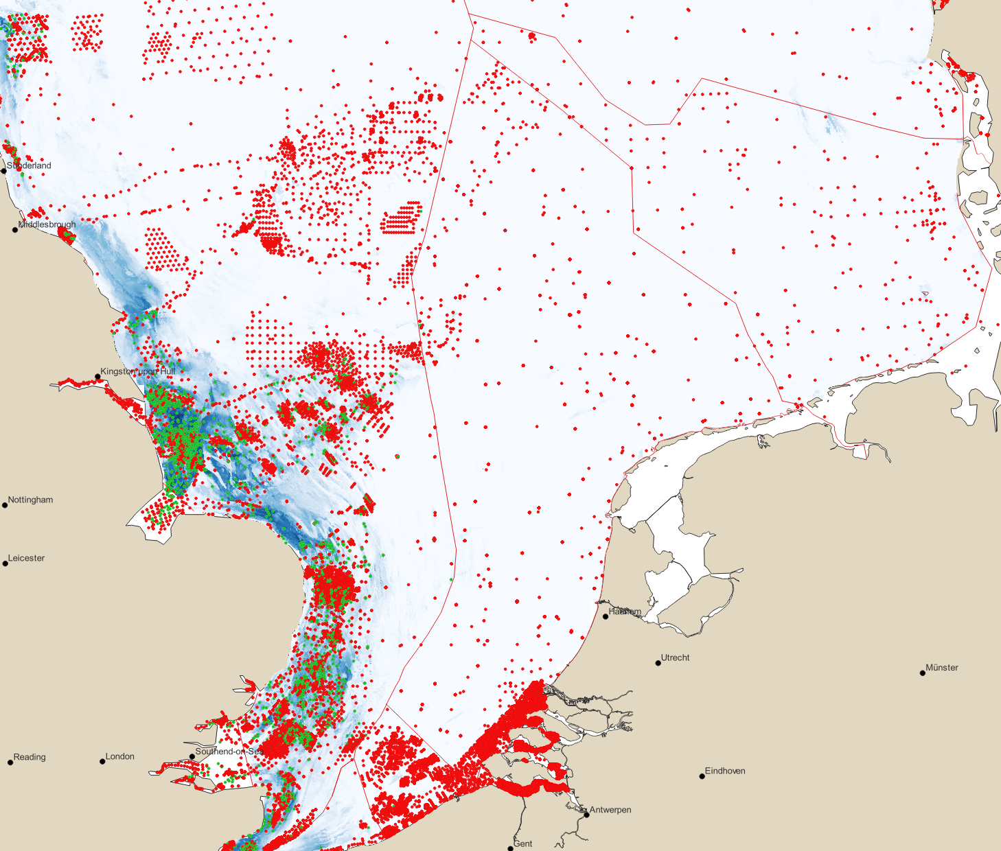 Observations of Sabellaria spinulosa (green: presence, red: absence) in EMODnet Biology, projected on top of the random forest regression model for presence (shades of blue). The random forest model is based on EMODnet bathymetry and additional information from external sources and Deltares.