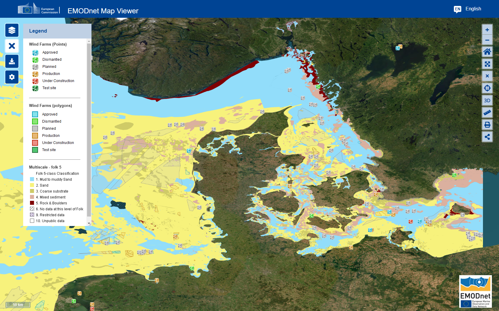 EMODnet Map Viewer showing Wind Farm information (EMODnet Human Activities) and the relation to the seabed substrates (EMODnet Geology).